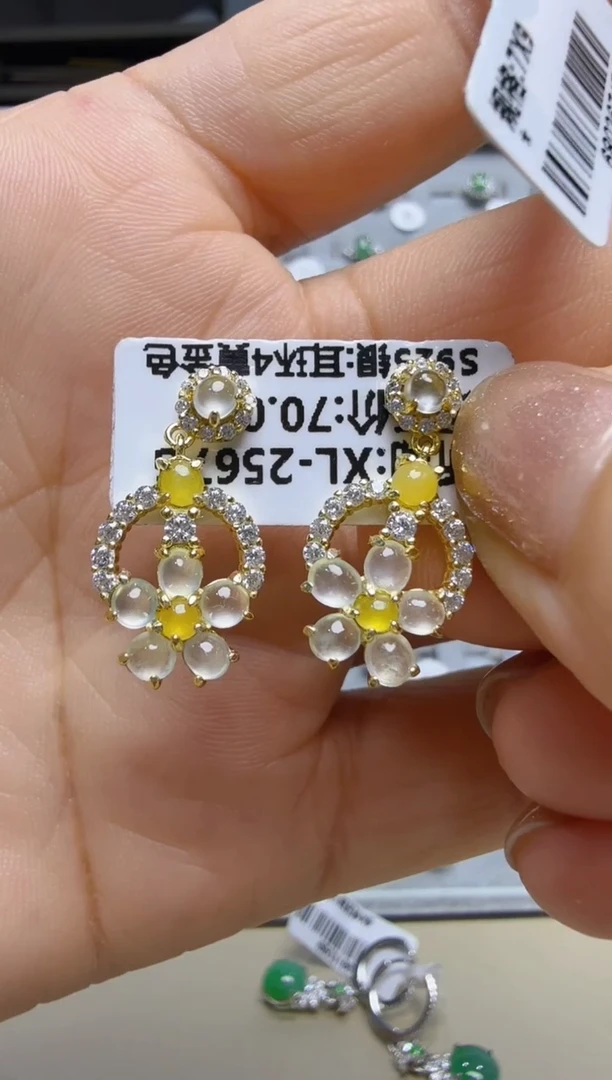 翡翠银S925镶嵌耳饰925银镶缅甸翡翠耳钉