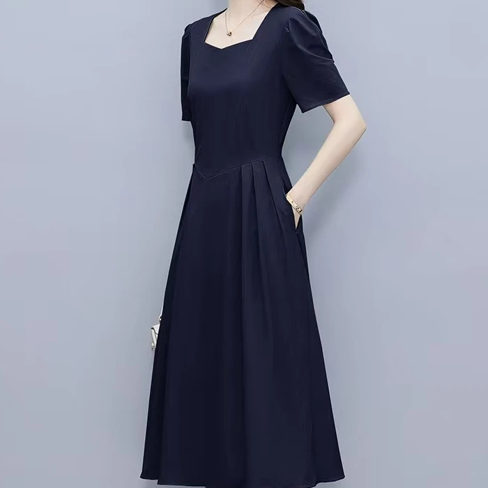 【008】藏蓝色连衣裙夏季短袖赫本风优雅时尚显收中长款连衣裙