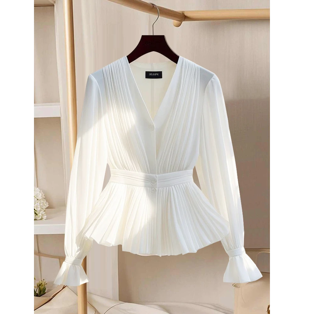 春季新款气质V领长袖上衣轻熟法式小众独特漂亮小衫轻奢白色衬衫