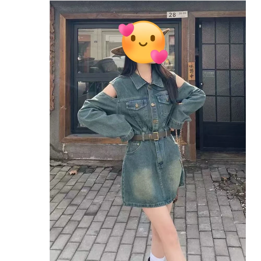 胖小雨家大码2025春季新款长袖气质显瘦拼接露肩牛仔连衣裙女宽松