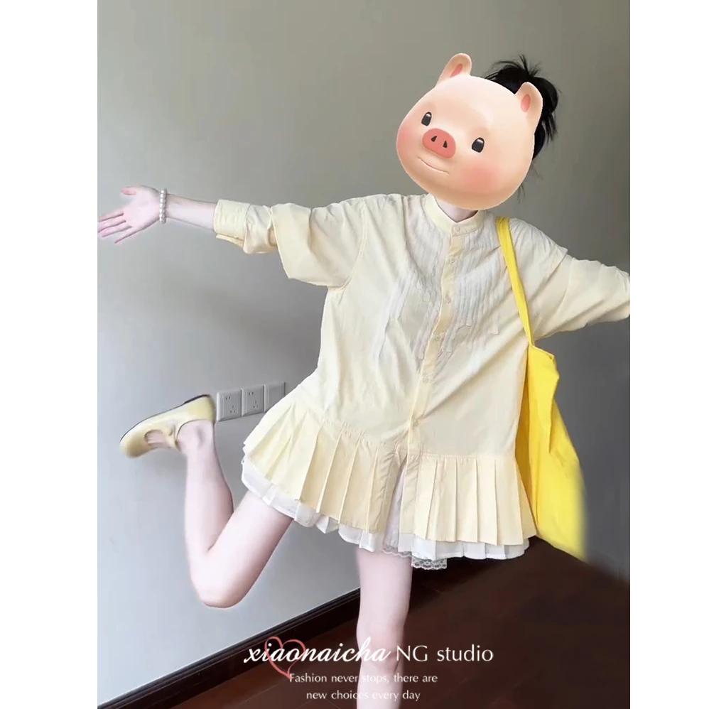 学院风黄色长袖衬衫连衣裙女夏季新款甜美小个子宽松显瘦百褶短裙