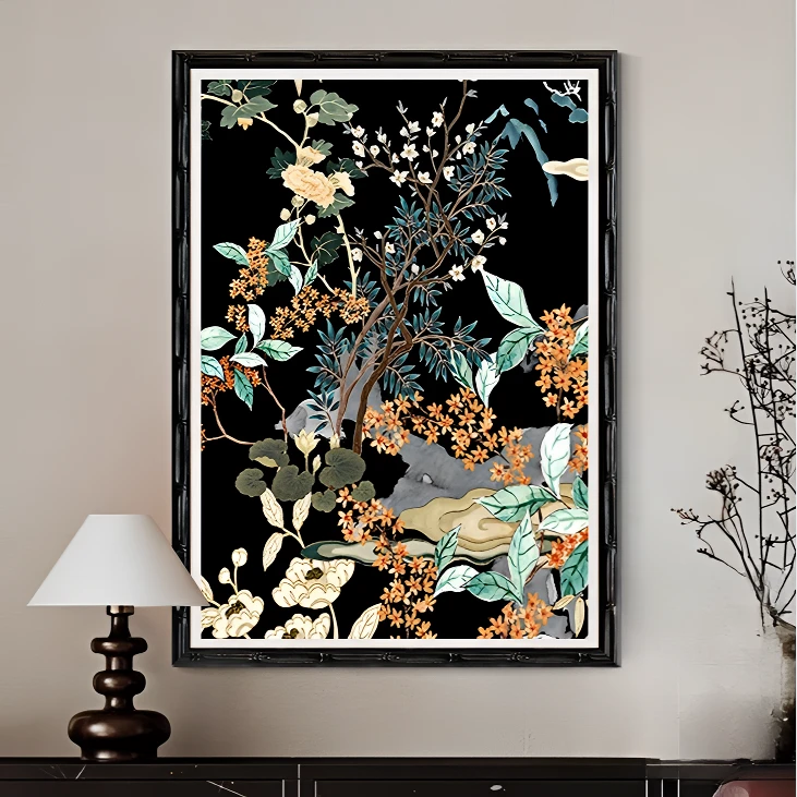 法式中古风客厅玄关斗柜装饰画新中式花鸟卧室书房挂画高级感壁画