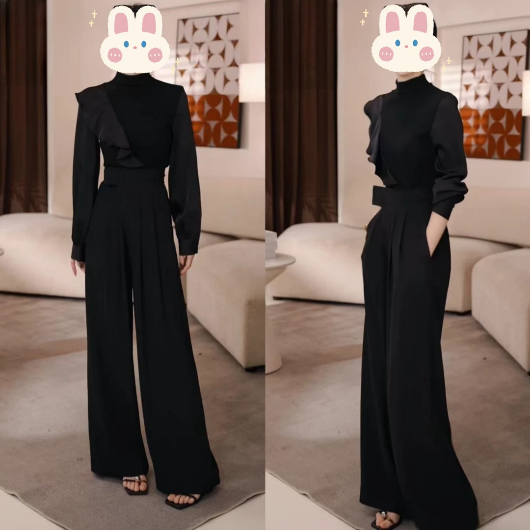 2025春季新款半高领长袖女修身上衣+新款高腰百搭拖地裤女BB50348