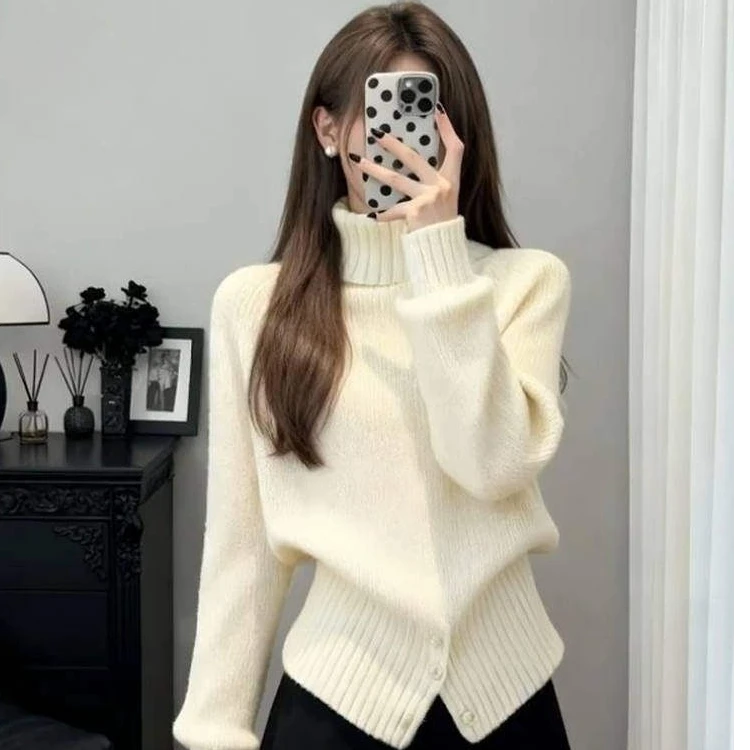 温柔慵懒风高领开叉针织衫女秋冬季松弛风毛衣高级感百搭时尚上衣