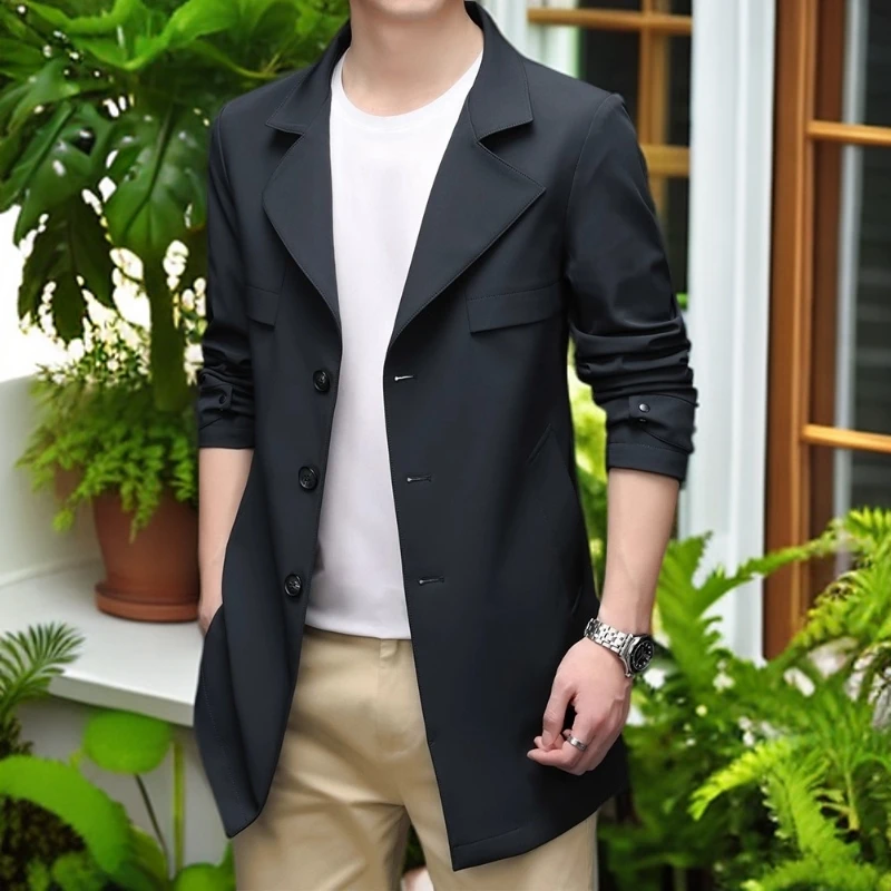 娜罗普西单排扣修身风衣男中长款薄款休闲西装领外套潮流男装