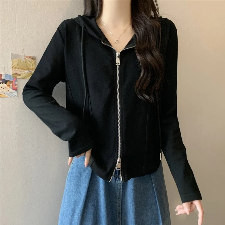 大码双拉链连帽长袖卫衣女春秋薄款胖MM宽松显瘦百搭洋气鱼骨上衣