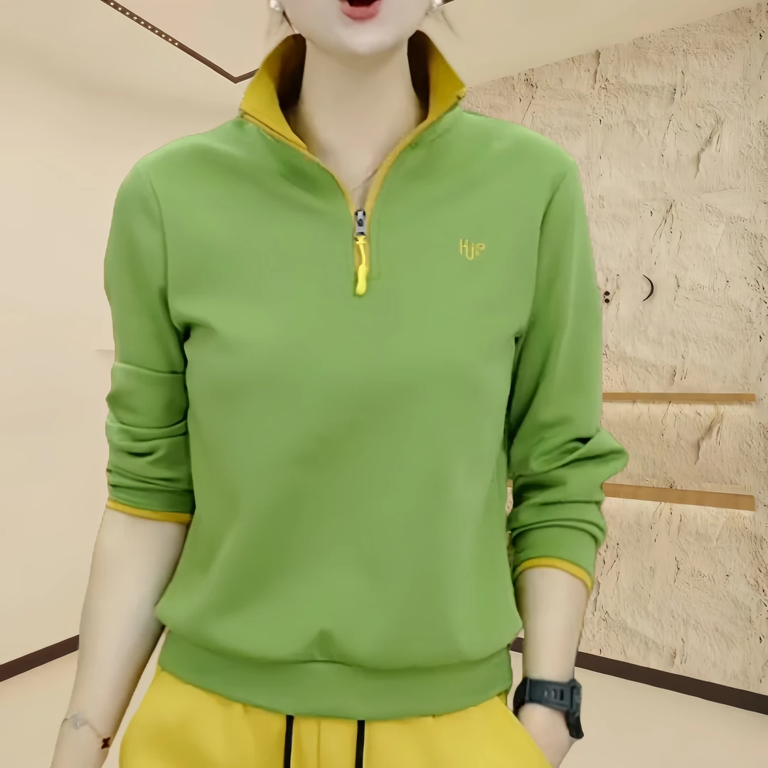 春季新款时尚打底衫女士气质百搭立领拼色刺绣洋气减龄女士上衣