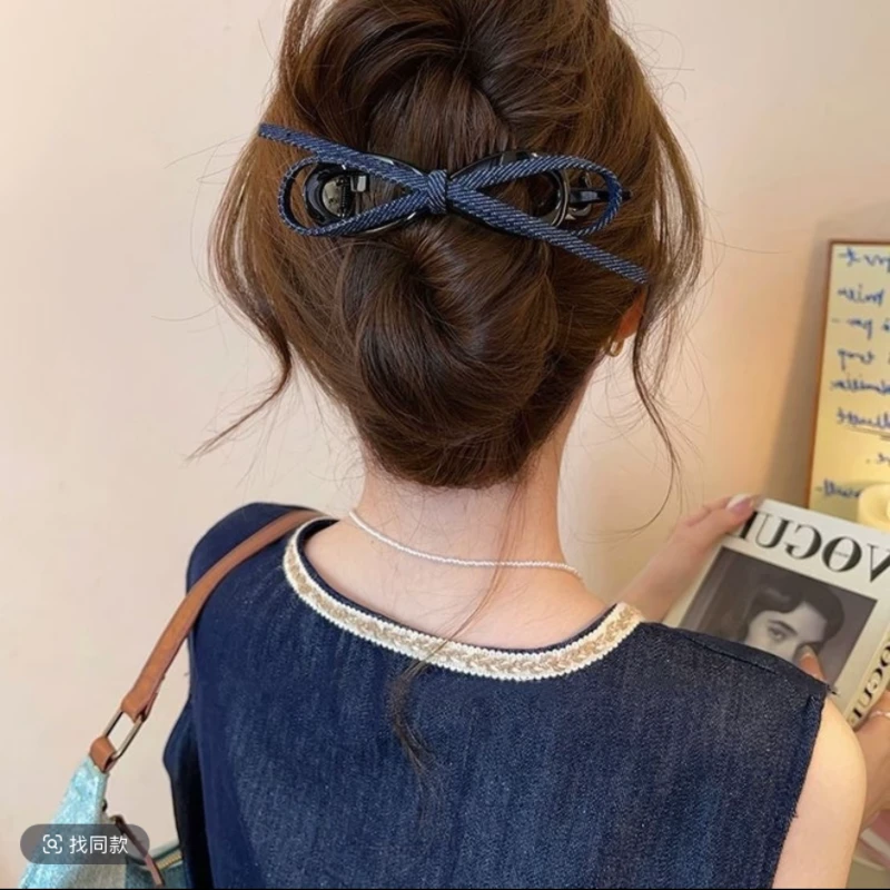 复古牛仔蝴蝶结扭扭夹女高级感2025新款一字抓夹后脑勺盘发夹发饰