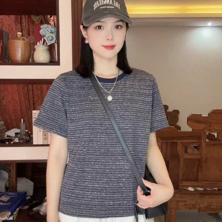 2025夏季新女款韩版条纹撞色短袖t恤小香风宽松休闲百搭半袖上衣