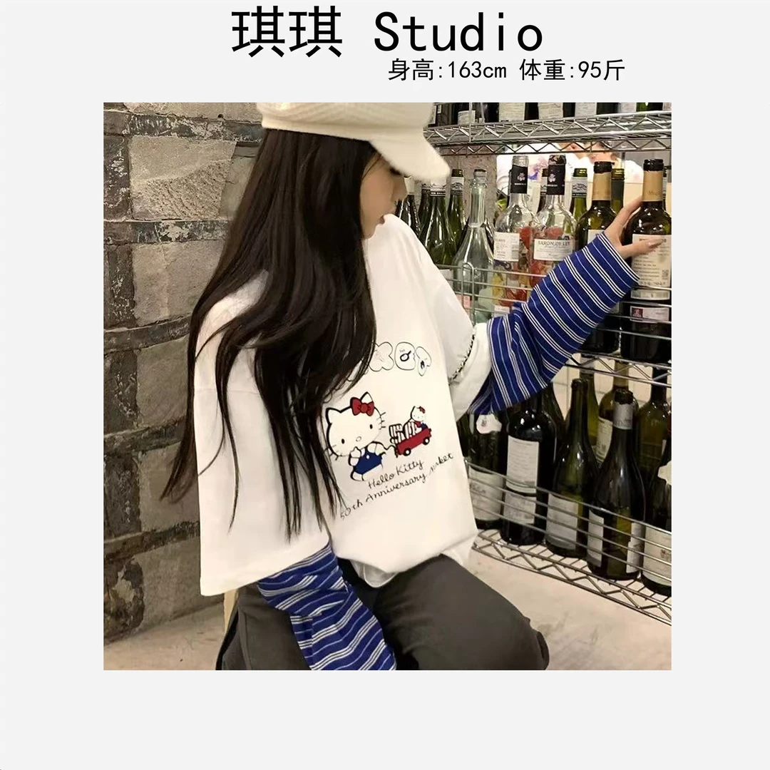 早春新款重工设计感魔术贴猫咪卡通印花字母拼接条纹袖上衣2233-G