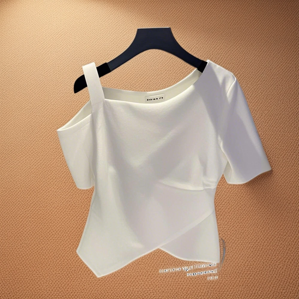 白色小众露肩短袖t恤女高端时髦百搭设计感短款上衣chic韩系别致