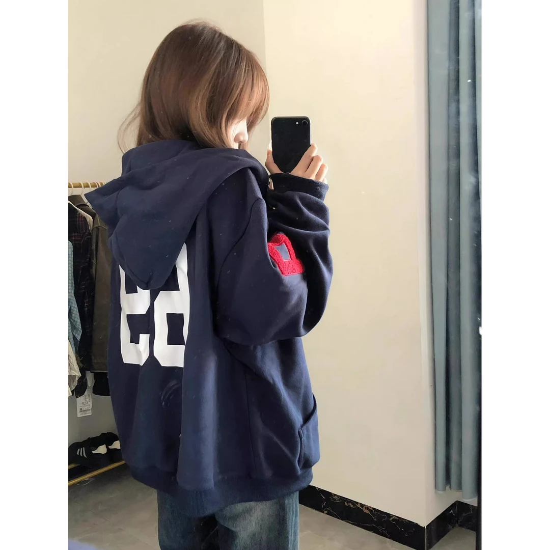 美式高街贴布字母刺绣开衫卫衣女2025新款春秋国潮牌连帽情侣外套