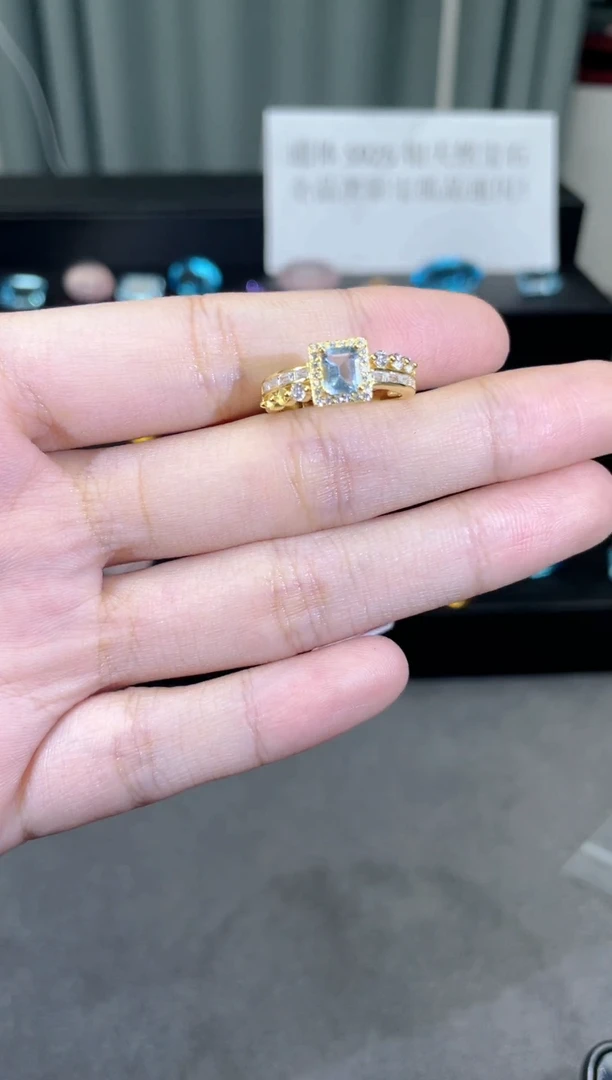 银S925镶嵌戒圈海蓝宝石天然宝石