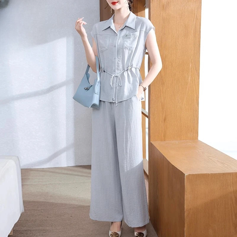 妈妈夏装时尚衬衫套装2025新款短袖上衣中老年女夏季阔腿裤两件套