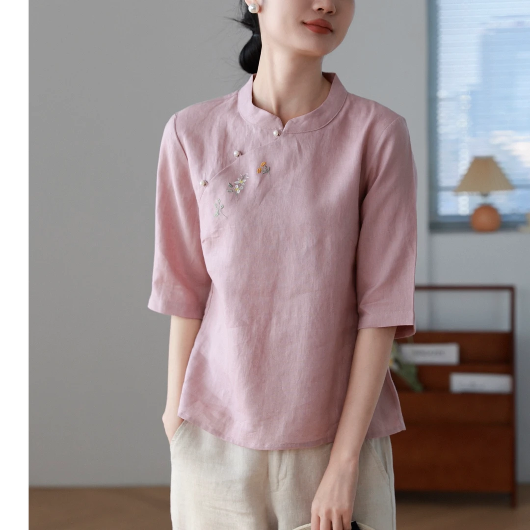 25新款100%亚麻绣花上衣复古文艺宽松亚麻衬衫立领中袖春夏新款
