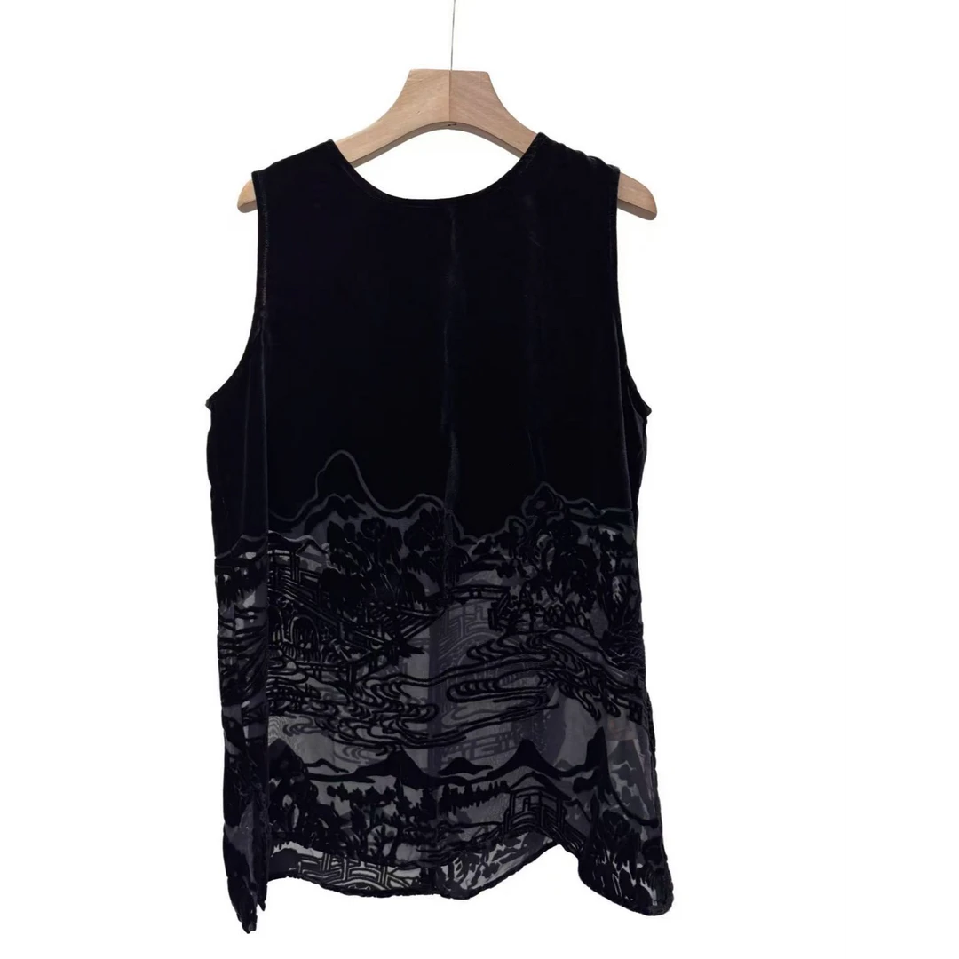 丝绒烧花丝绒黑色中式套装国风上衣圆领橡筋半裙开衩百搭气质显瘦