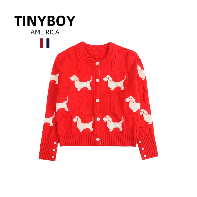 TINYBOY狗狗图案开衫毛衣针织衫男女同款 红色 秋冬设计师款1