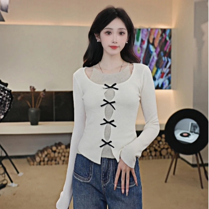 Basic House/百家好HY25春季新款独特别致蝴蝶结甜美假两件上衣女