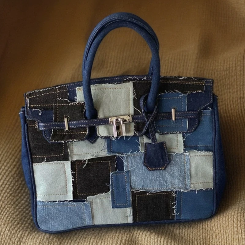 牛仔拼接铂金包复古洗水磨毛牛仔布恶搞乞丐补丁手提斜挎包