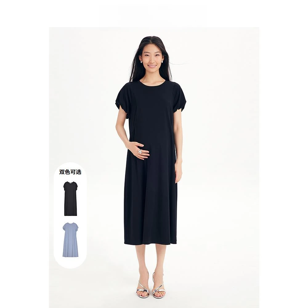 25夏薄款孕妇裙通勤圆领短袖连衣裙宽松长裙显瘦气质HH32137