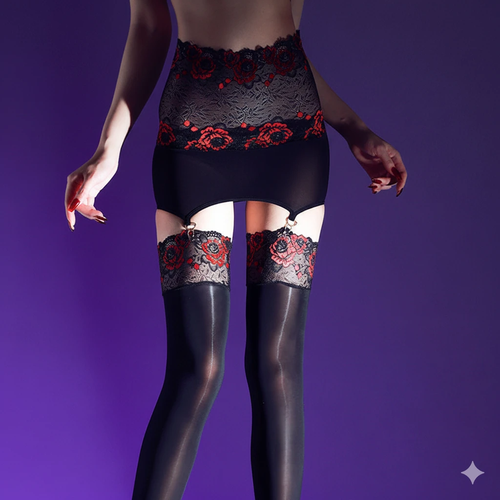 诉吻「蔷薇」高腰马油包臀裙吊带一体蕾丝长筒袜女黑丝袜性感马油袜