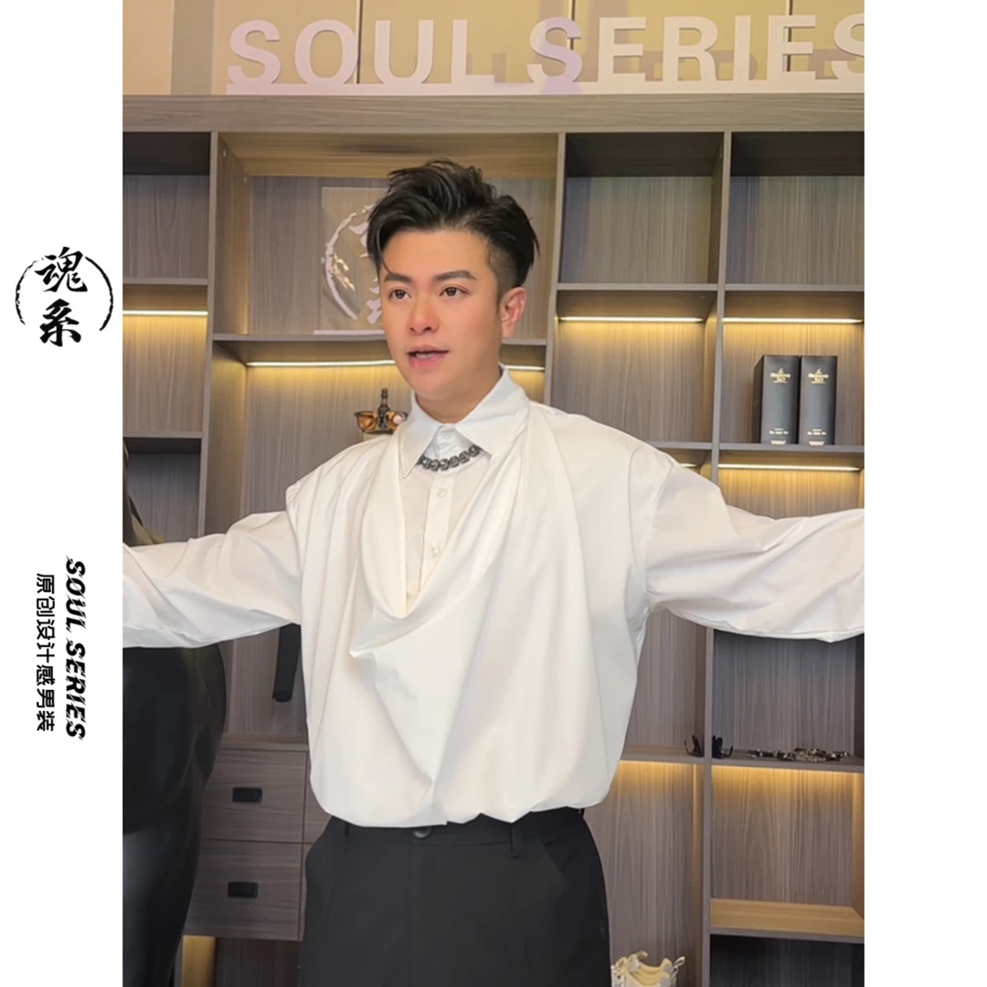 [魂系]2025春季新款男士堆堆领假两件免烫抗皱长袖衬衫-B1662