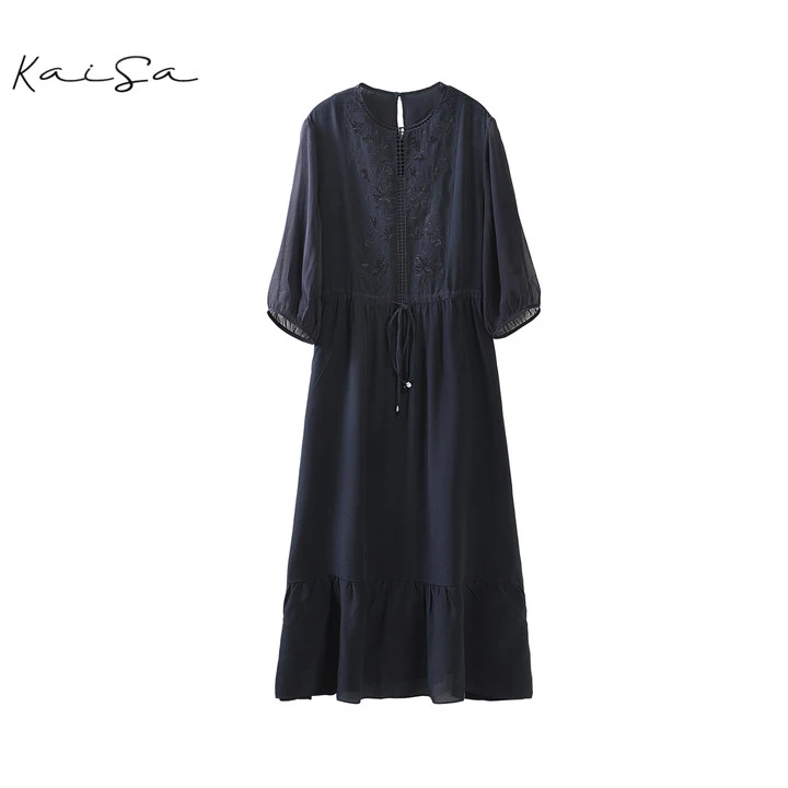 【知瑶】重工刺绣钉珠桑蚕丝镂空领短袖圆领长款连衣裙