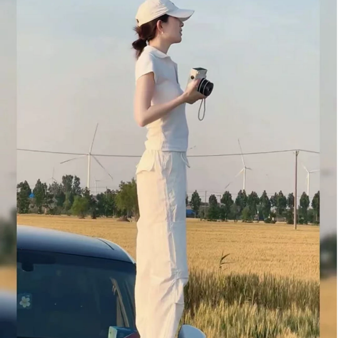 时尚套装2025夏季新款白色T恤+工装裤组合休闲运动百搭显瘦