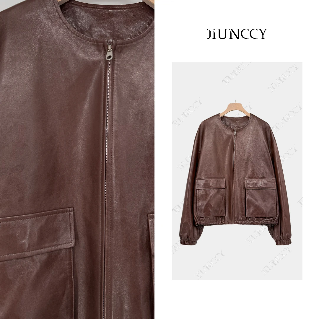 JIUNCCY【红雀】西班牙进口轻油蜡绵羊皮下摆抽绳真皮外套 52YPY002