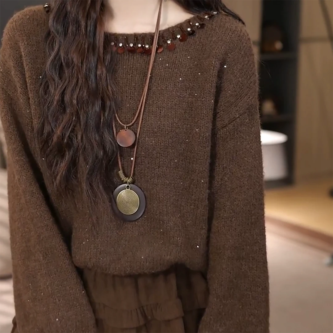 星辰之泪·重工钉珠领口慵懒感针织休闲毛衣C6313