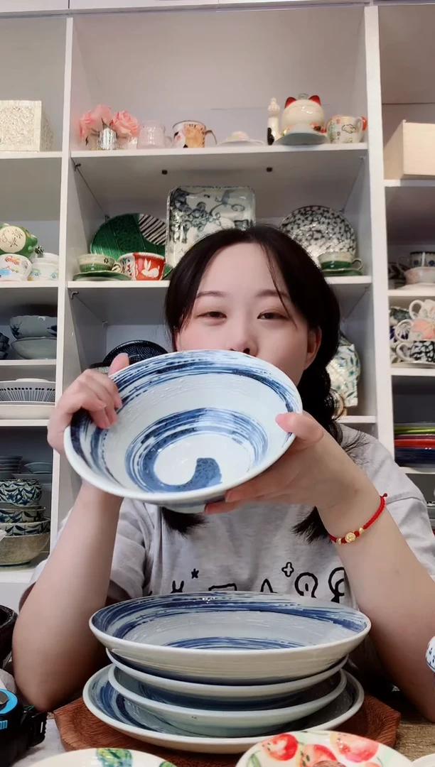 陶瓷美浓烧风吹清流大斗笠面碗19.5cm