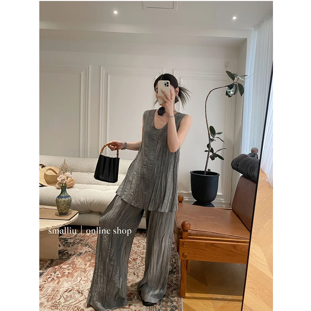 SMALLIU 水墨炒色清冷感抽绳长裤/U领显瘦休闲背心套装