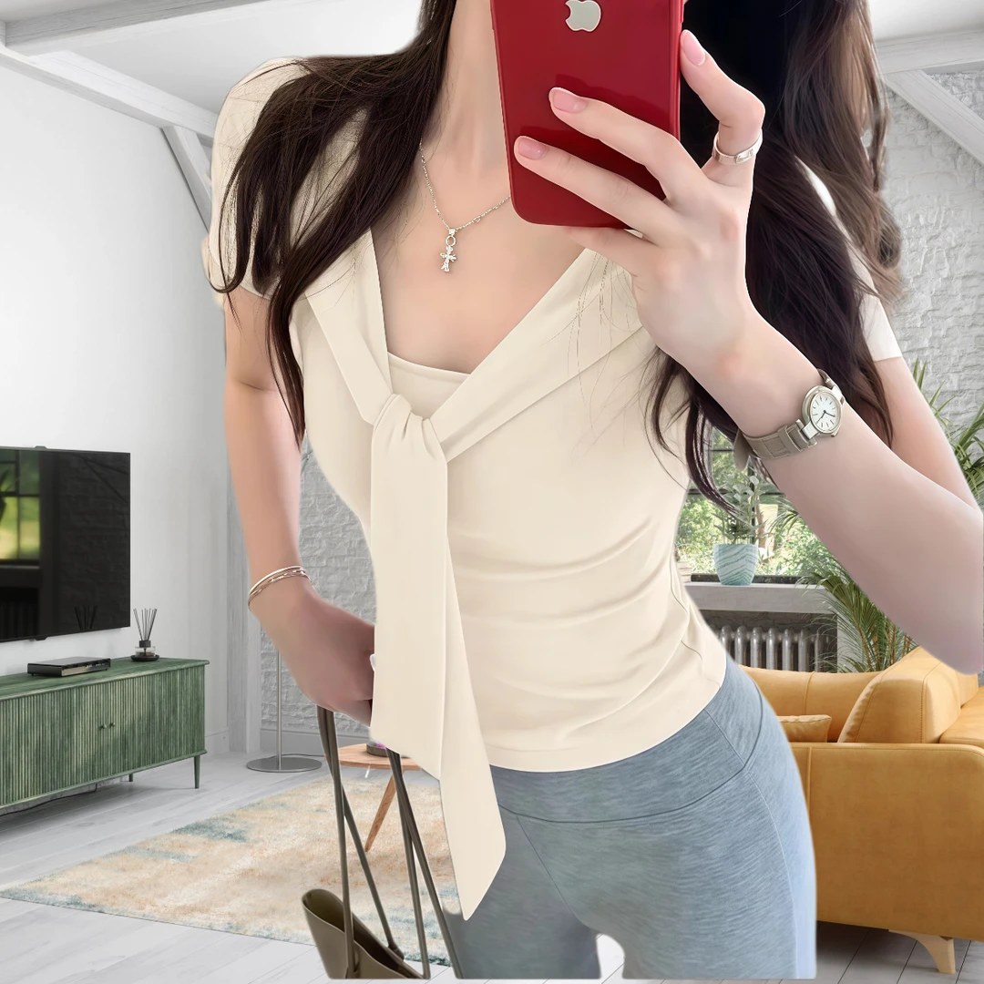 短袖夏季新款女装绝美别致明艳系穿搭围巾领胖mm短款绑带时尚上衣