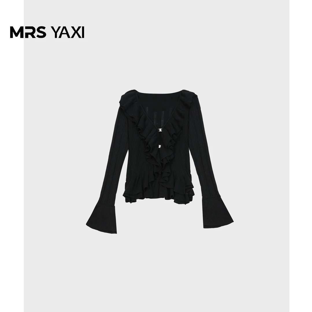 Mrsyaxi荷叶边V领喇叭袖针织开衫财阀千金女装YX5021818