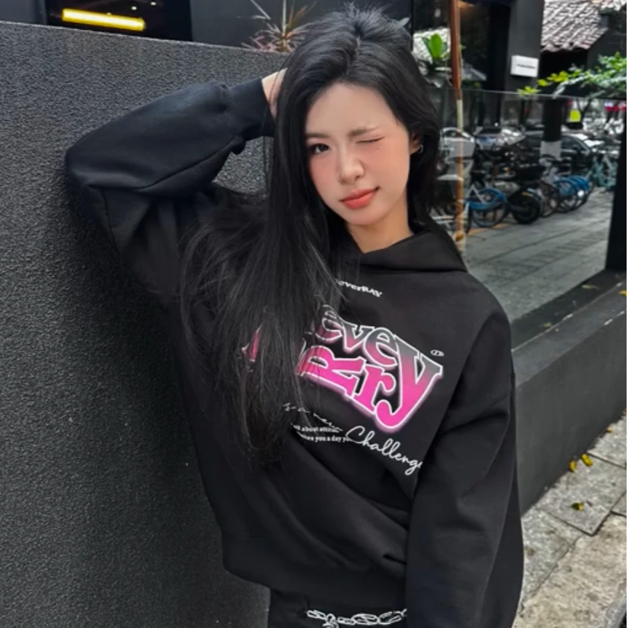 IDeverRAY【欧若风】旋转字体加绒高克重连帽百搭潮流男友风卫衣