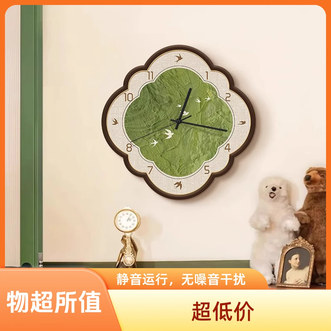 绿色风景中古风挂墙钟表客厅挂钟2025新款高级感静音时钟装饰挂画