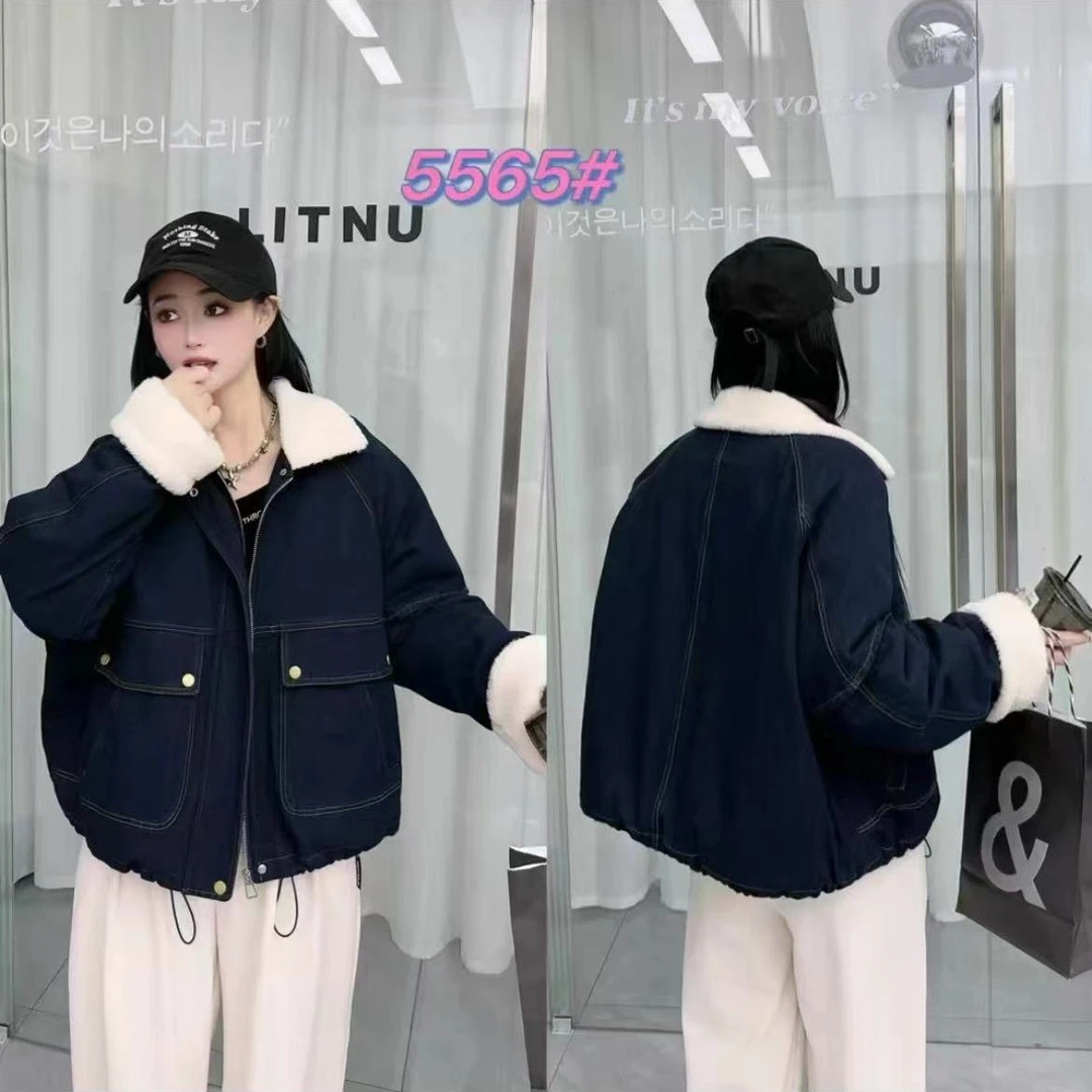 5565衣长58羊羔毛翻领下摆抽绳明线口袋内胆加棉高端时尚牛仔外套