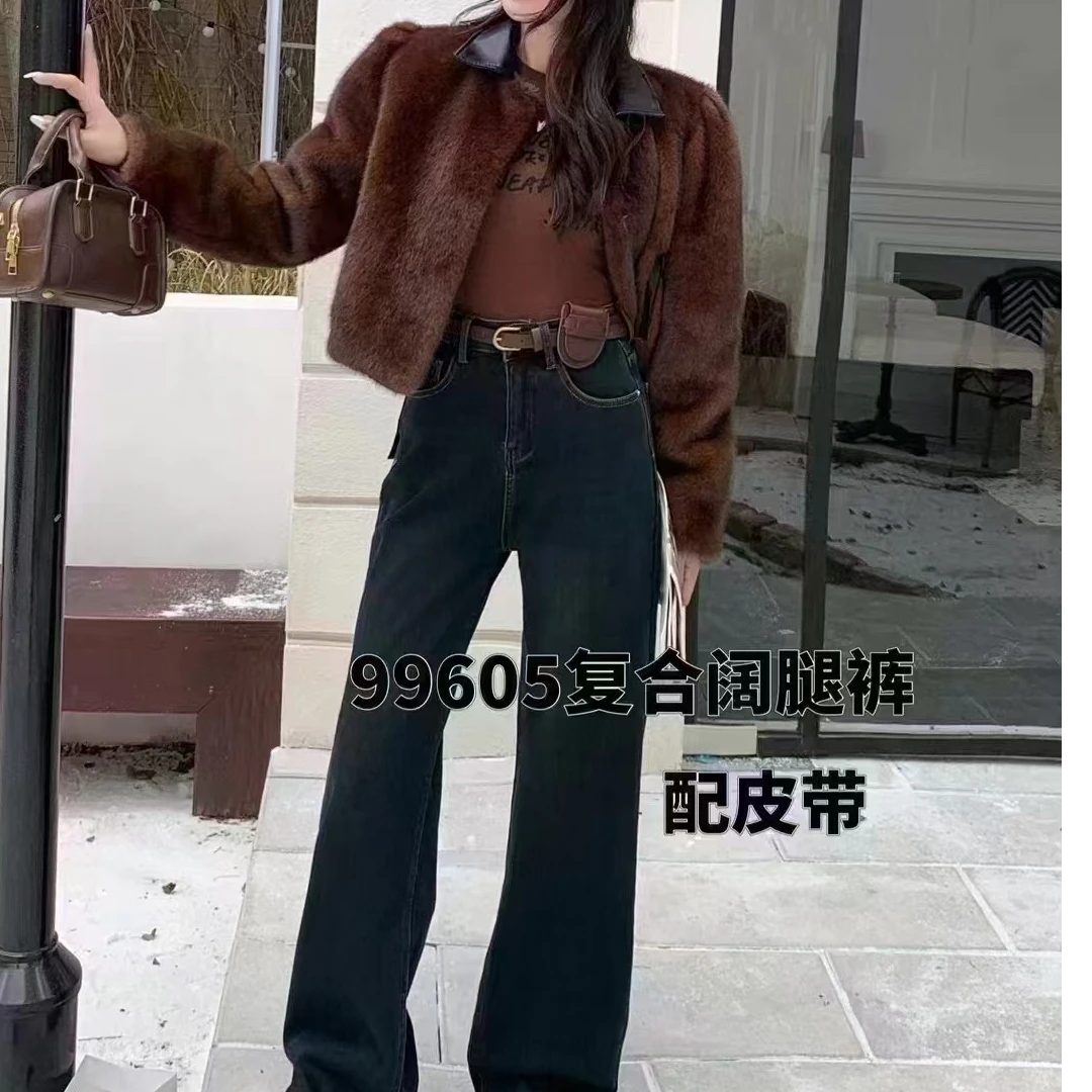 格姐家~冬款加绒显瘦百搭牛仔阔腿裤99605