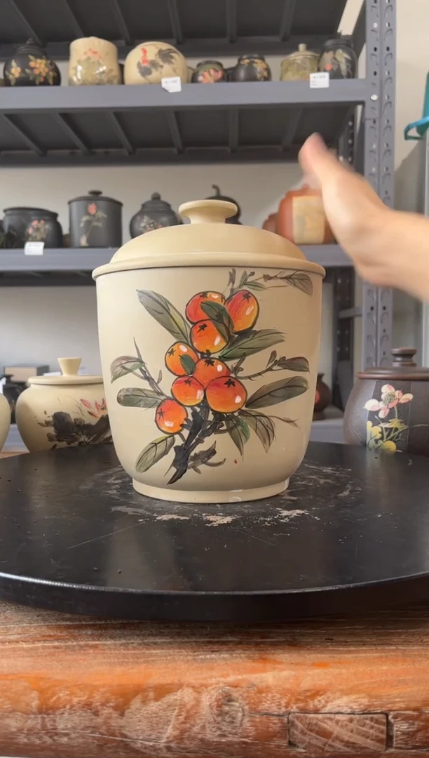 建水紫陶白泥彩绘精品茶罐