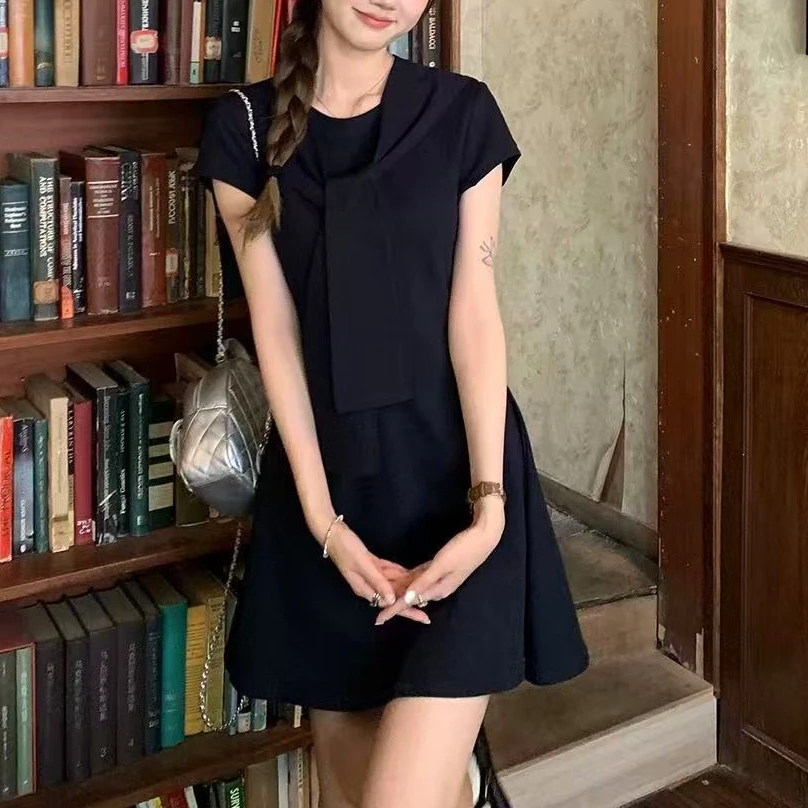 8810#【裙长85】夏季圆领刺绣披肩短袖修身学院风气质连衣裙两件套