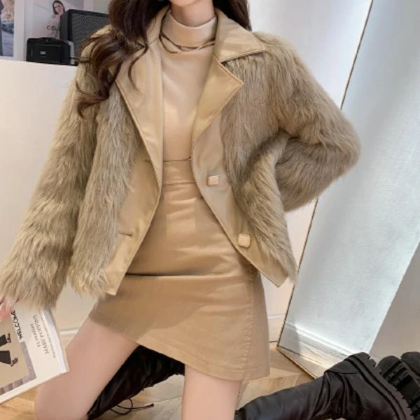 A128 女士翻领毛毛短款外套