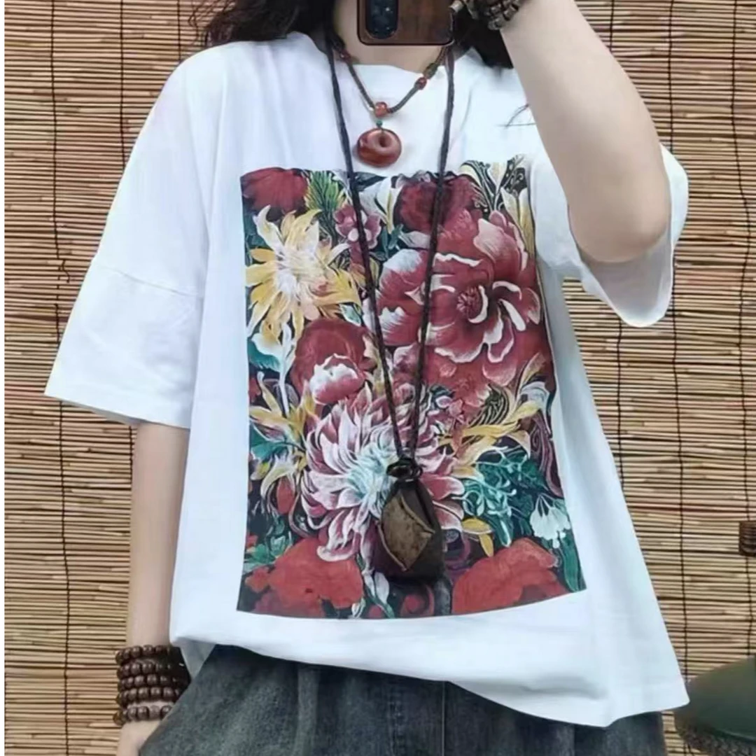 2358五分袖韩版圆领常规款短袖花T恤女士时尚印花显