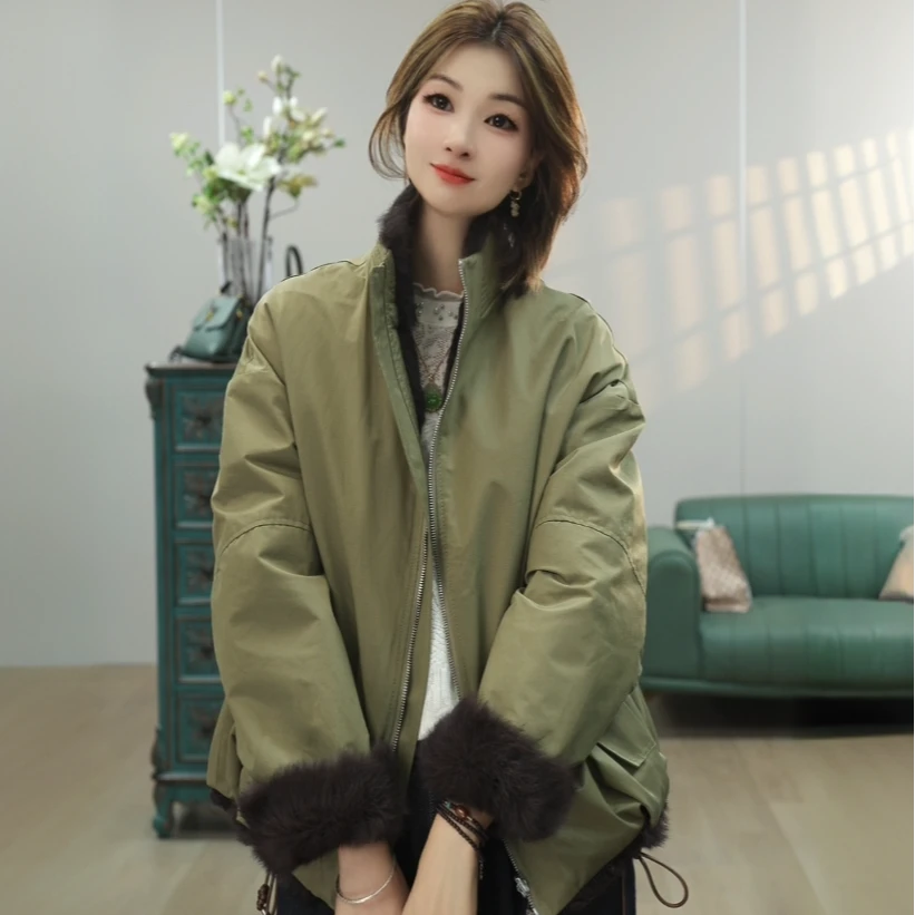 2025新款双面穿兔皮毛一体女潮流派克服宽松短款网红秋冬时尚复古