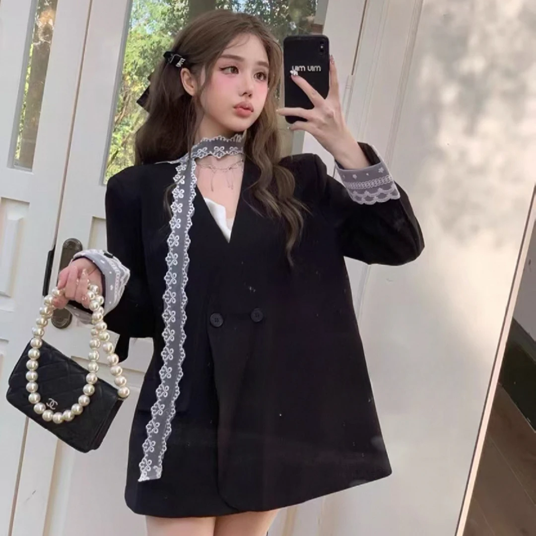 春季新款法式高级感气质V领蕾丝飘带设计感西服外套