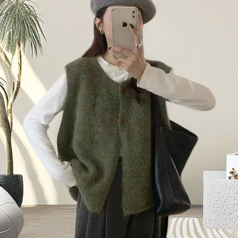 韩系简约百搭软糯慵懒风毛衣针织马甲女春秋新款宽松显瘦叠穿背心