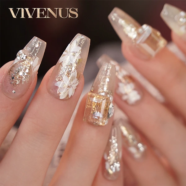 【雨棠花颂】原创设计 奢华裸钻金色花朵手绘 冰透茶钻 高级穿戴甲