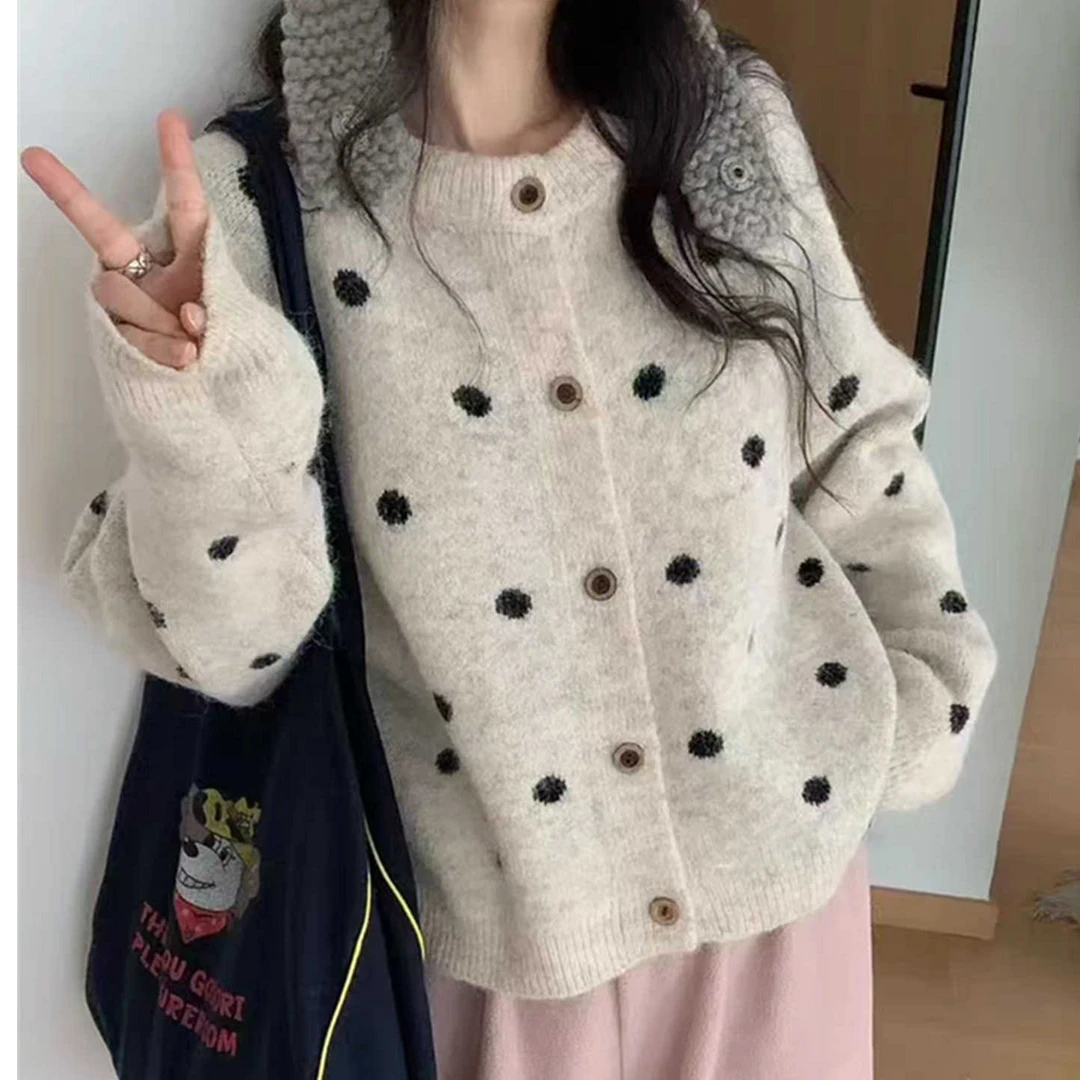 秋季慵懒风穿搭女士针织毛衣外套女2025新款百搭开衫秋冬波点上衣