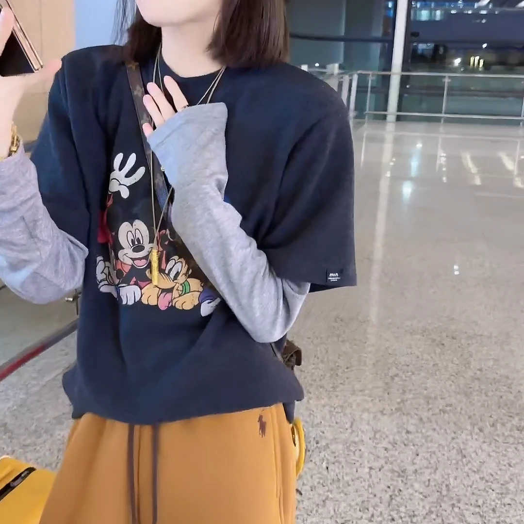 新款卡通百搭秋冬气质显瘦减龄假两件百搭小众长袖T恤女LK2509032