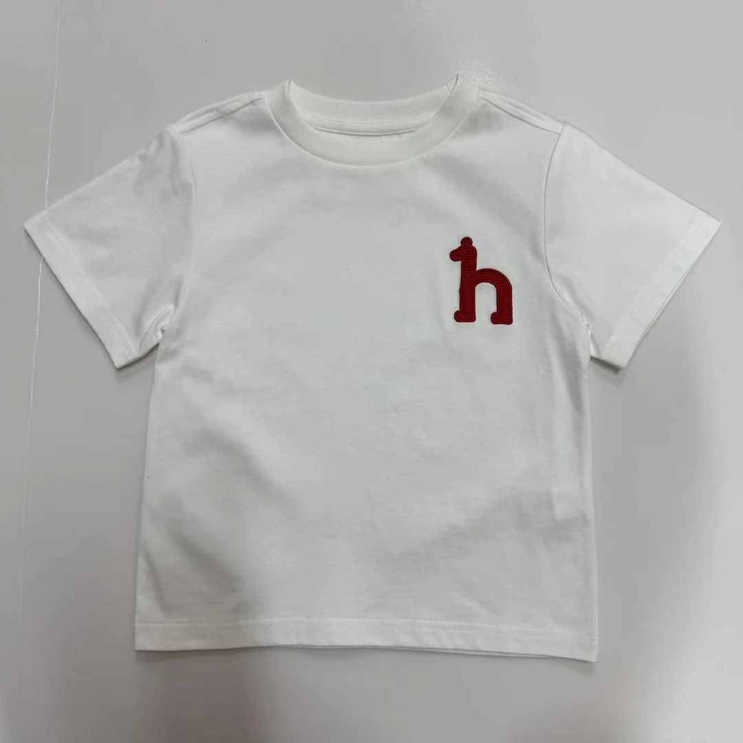 夏季女童洋气圆领纯色瓦片刺绣h标短袖T恤夏装宝宝出门儿童25001