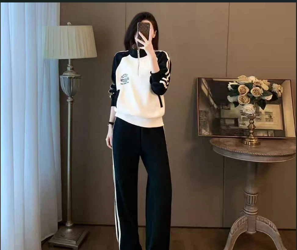 H女士时尚休闲显瘦刺绣运动套装撞色长袖